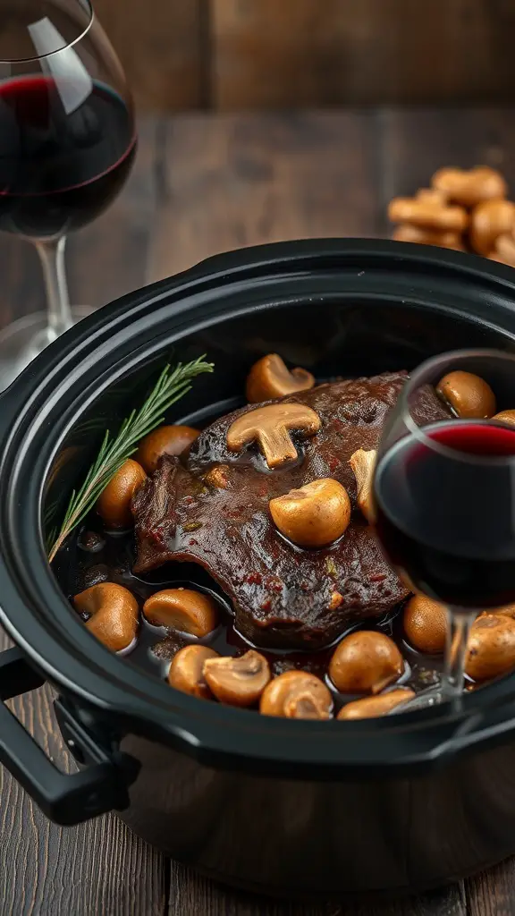A pot roast with mushrooms and red wine in a slow cooker, accompanied by glasses of red wine.