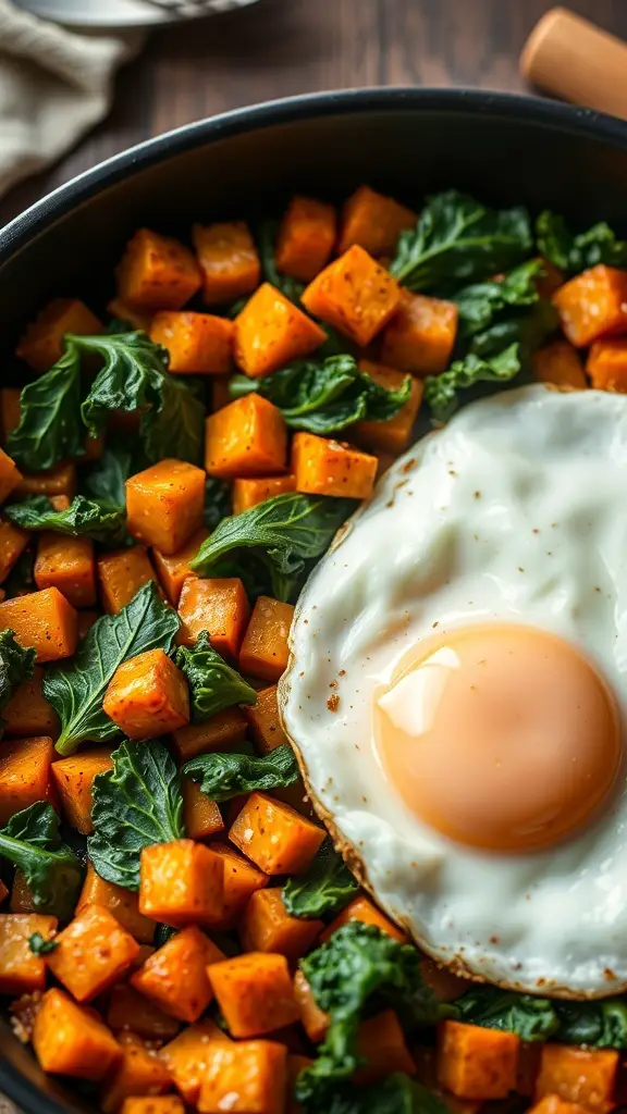 A skillet filled with sweet potato and kale hash topped with a fried egg.