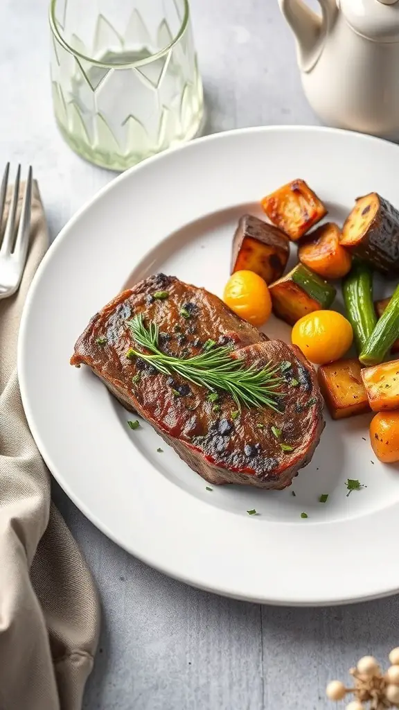 A plate of herb-crusted venison steak served with roasted vegetables.