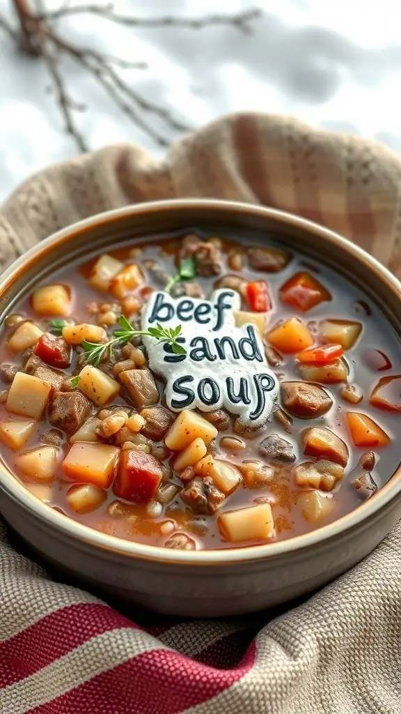 A bowl of beef and barley soup with vegetables, garnished with herbs.