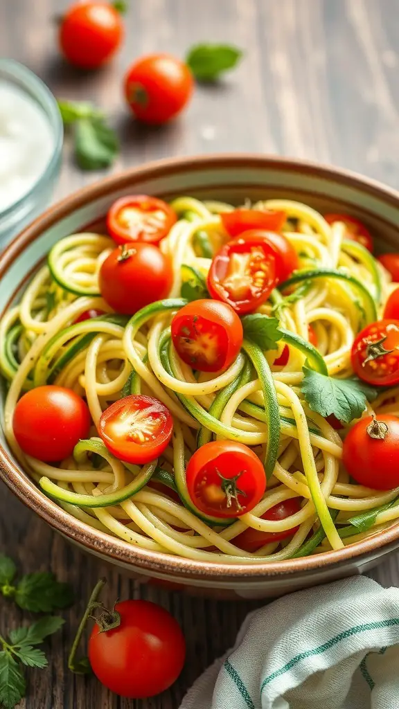 A bowl of zucchini noodle salad with cherry tomatoes and herbs
