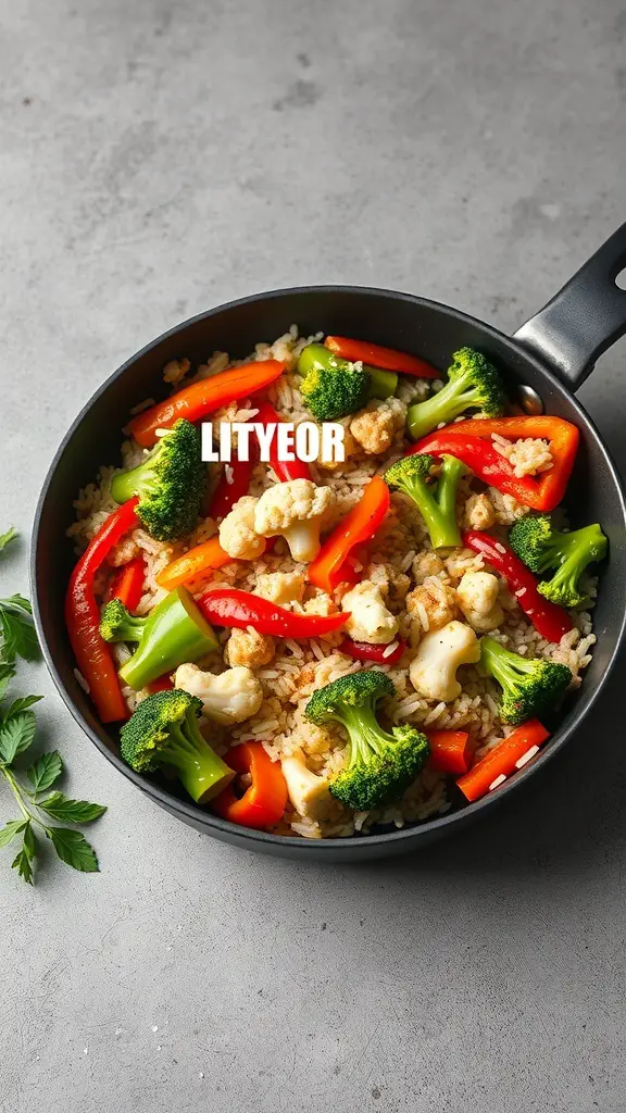 A pan filled with colorful cauliflower rice stir-fry featuring broccoli, red bell peppers, and cauliflower.