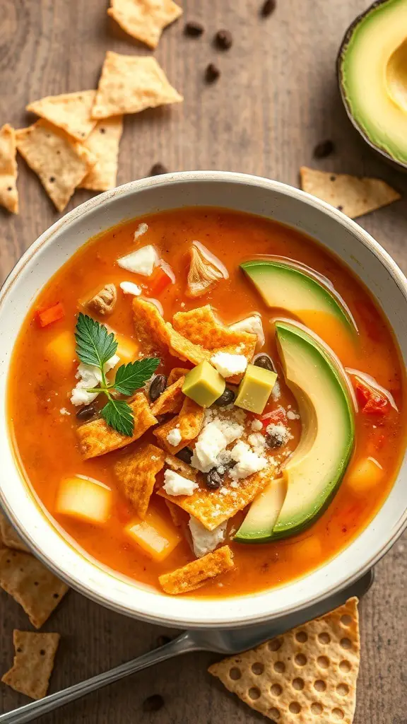 A bowl of chicken tortilla soup garnished with avocado slices, tortilla chips, and cheese.