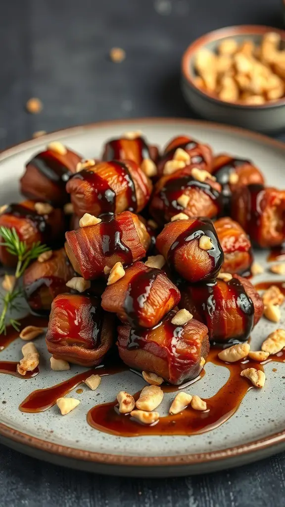 A plate of bacon-wrapped dates drizzled with balsamic glaze and topped with chopped nuts.