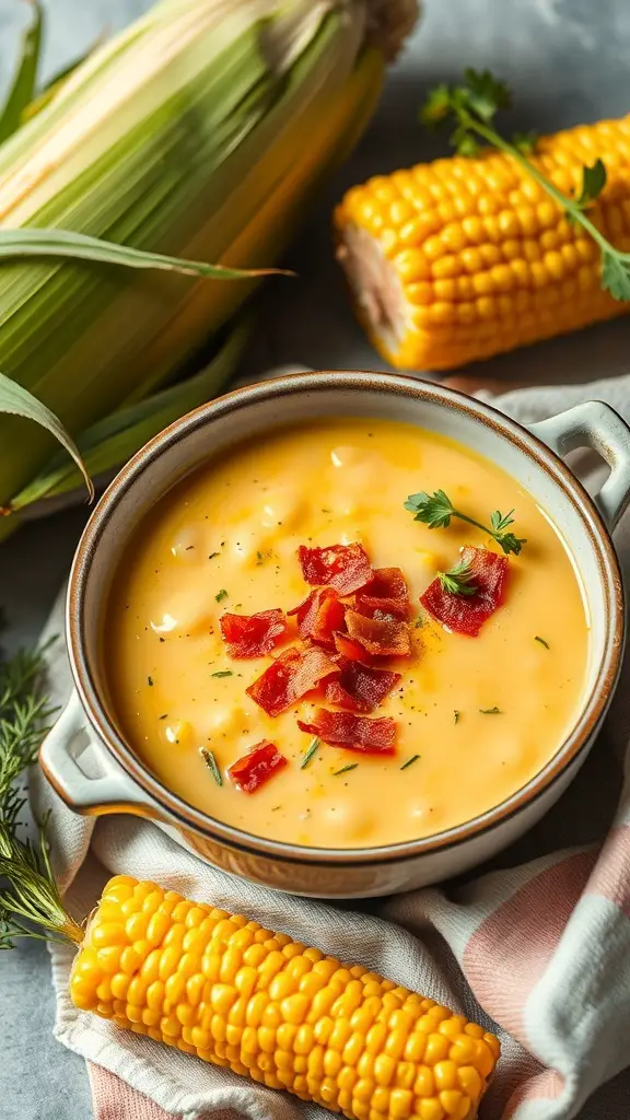 A bowl of creamy corn chowder topped with bacon bits, surrounded by fresh corn on the cob.