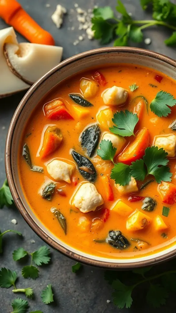 A bowl of Coconut Curry Chicken Soup with colorful vegetables and herbs.