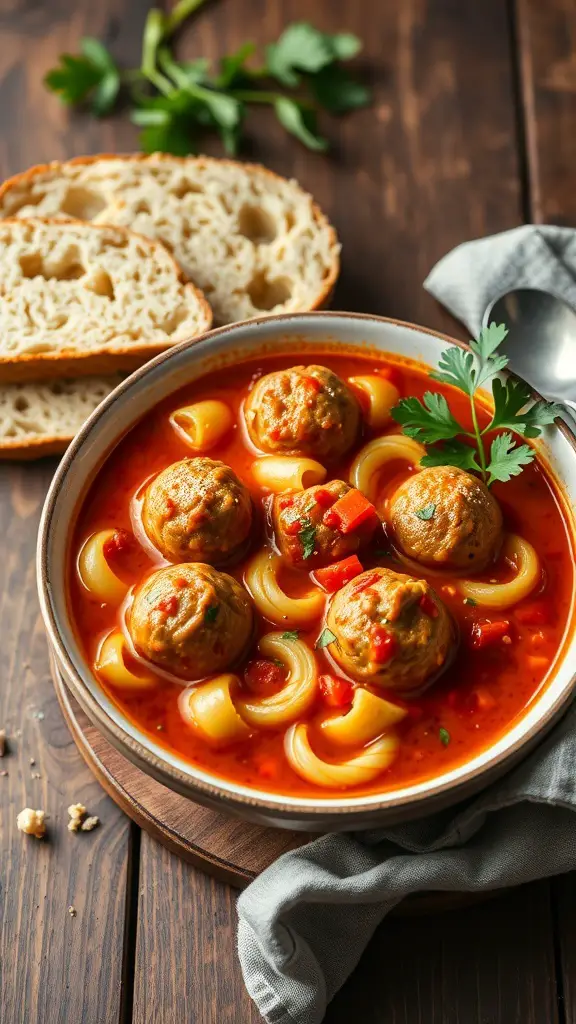 A bowl of ditalini and meatball soup with meatballs, pasta, and fresh herbs, served with slices of bread.