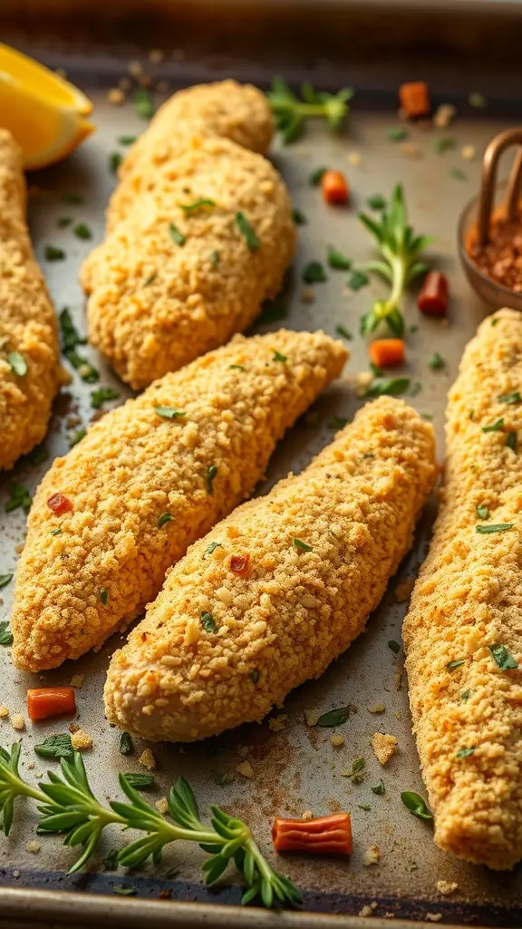 Baked chicken tenders coated in panko breadcrumbs, garnished with herbs and spices.