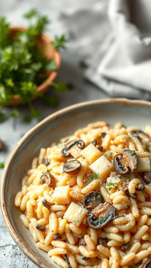 A bowl of creamy mushroom risotto topped with cheese and herbs