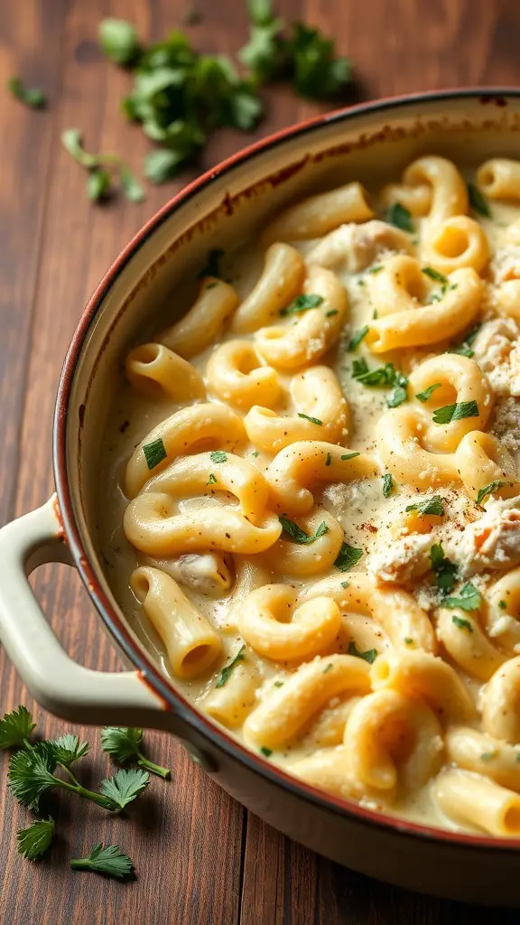 A creamy chicken Alfredo pasta bake in a dish, garnished with herbs.