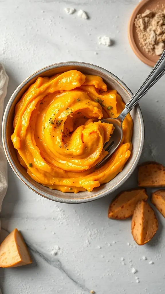 A bowl of creamy chicken and sweet potato mash, perfect for baby food.