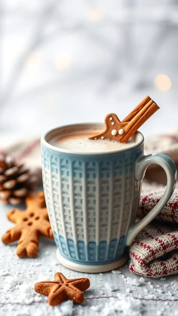 A cozy cup of Gingerbread Latte topped with a gingerbread cookie and cinnamon stick, surrounded by festive decorations.