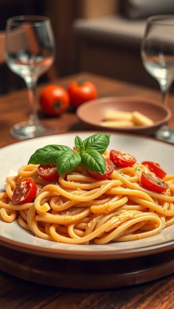 A plate of creamy tomato basil pasta garnished with fresh basil and cherry tomatoes, with glasses and tomatoes in the background.