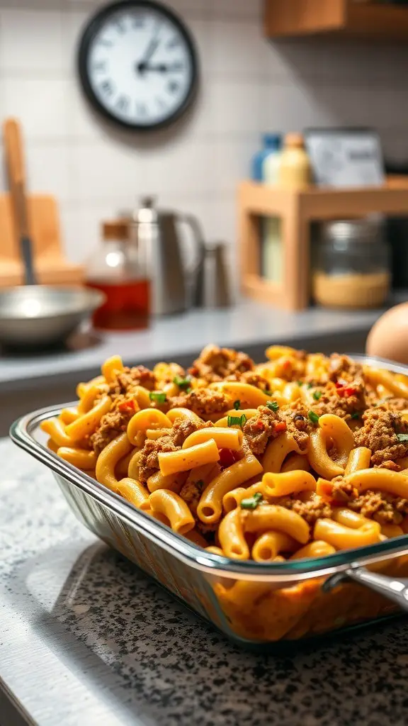 A delicious hamburger macaroni casserole in a glass dish, ready to be served.
