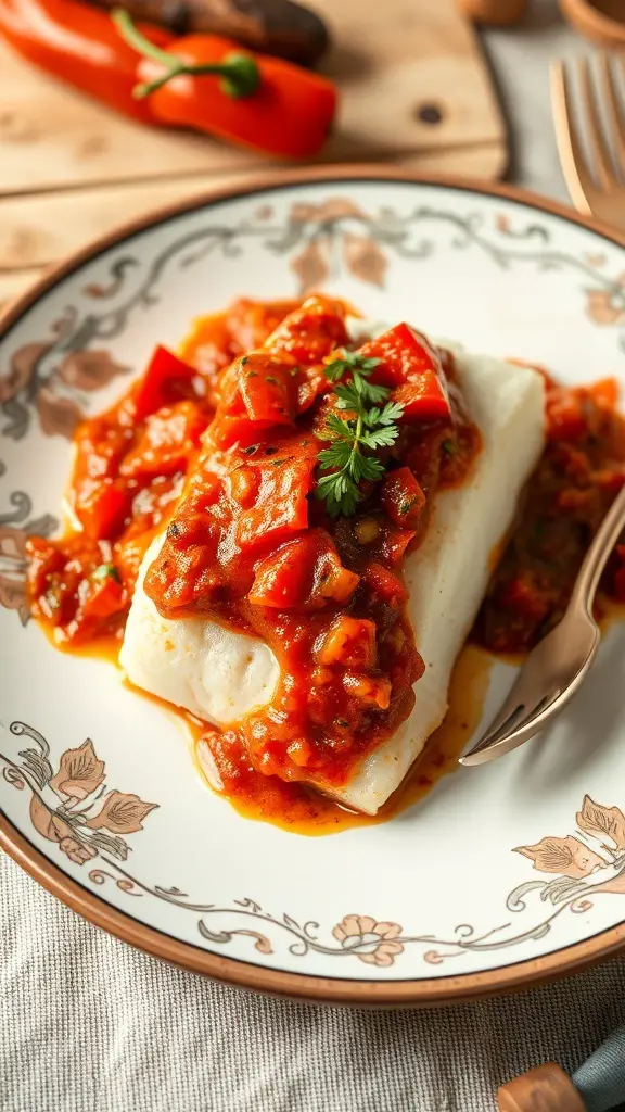 A plate of tilapia topped with roasted red pepper sauce, garnished with parsley.