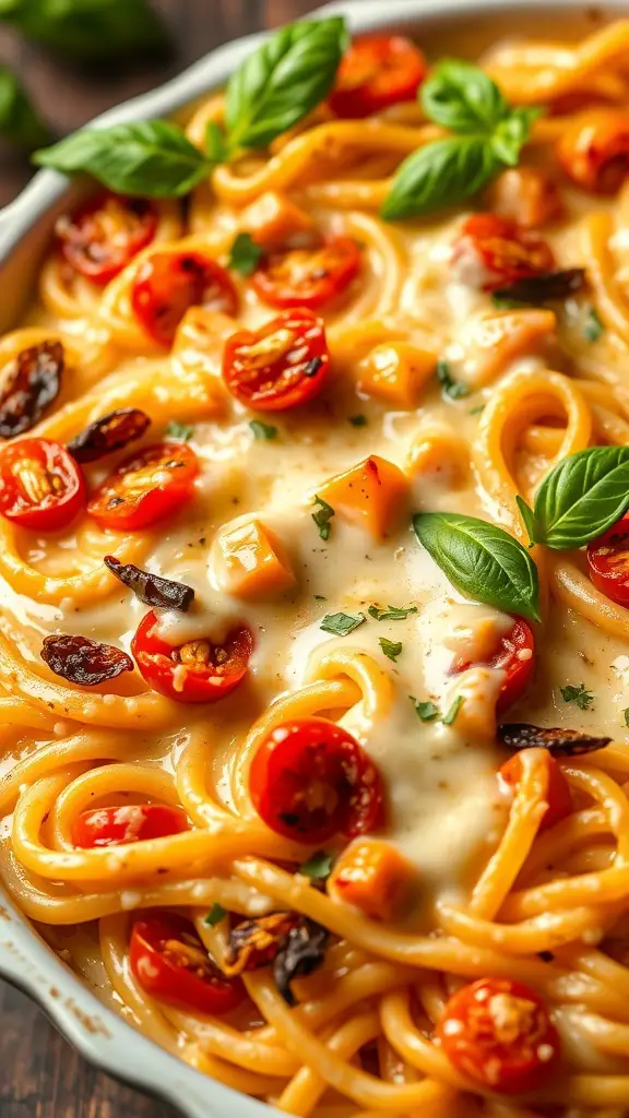 A delicious Sun-Dried Tomato Alfredo Casserole topped with cherry tomatoes and basil.