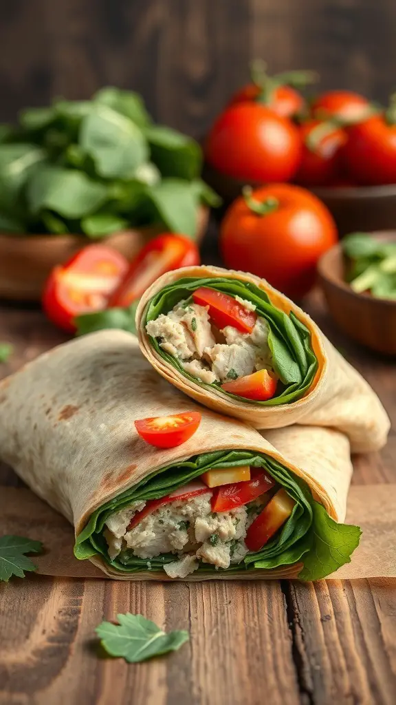 Turkey and spinach wraps with cherry tomatoes on a wooden table