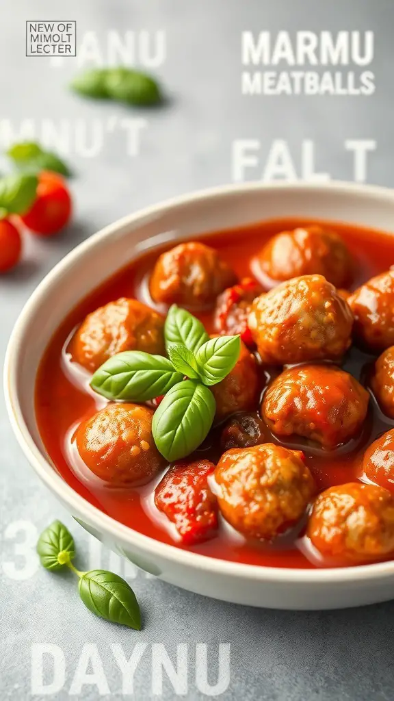 A bowl of mini meatballs in marinara sauce garnished with fresh basil.