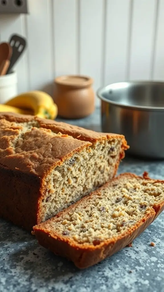 A loaf of sourdough discard banana bread with slices cut, ripe bananas, and baking tools in the background.