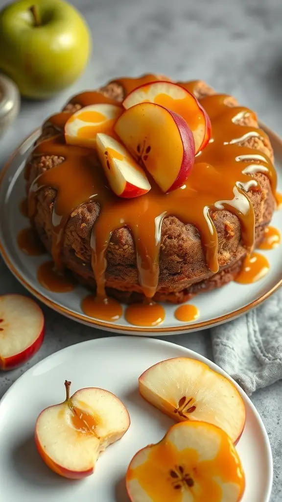 A spiced apple cake topped with caramel drizzle and apple slices.