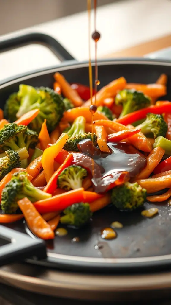 A colorful vegetable stir-fry with broccoli, carrots, and bell peppers being drizzled with sauce on a Blackstone griddle.