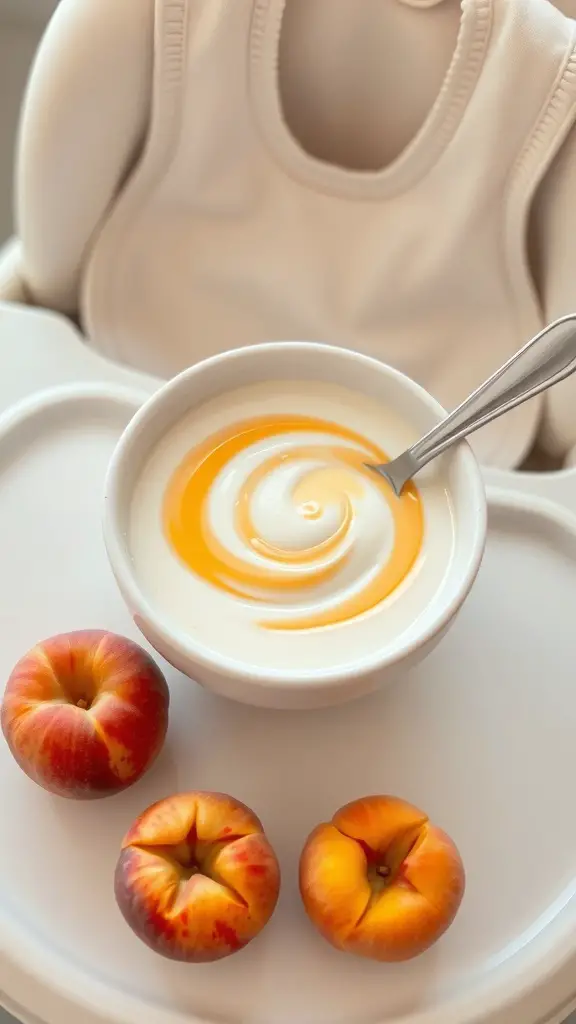 A bowl of peach and yogurt blend with fresh peaches on the side