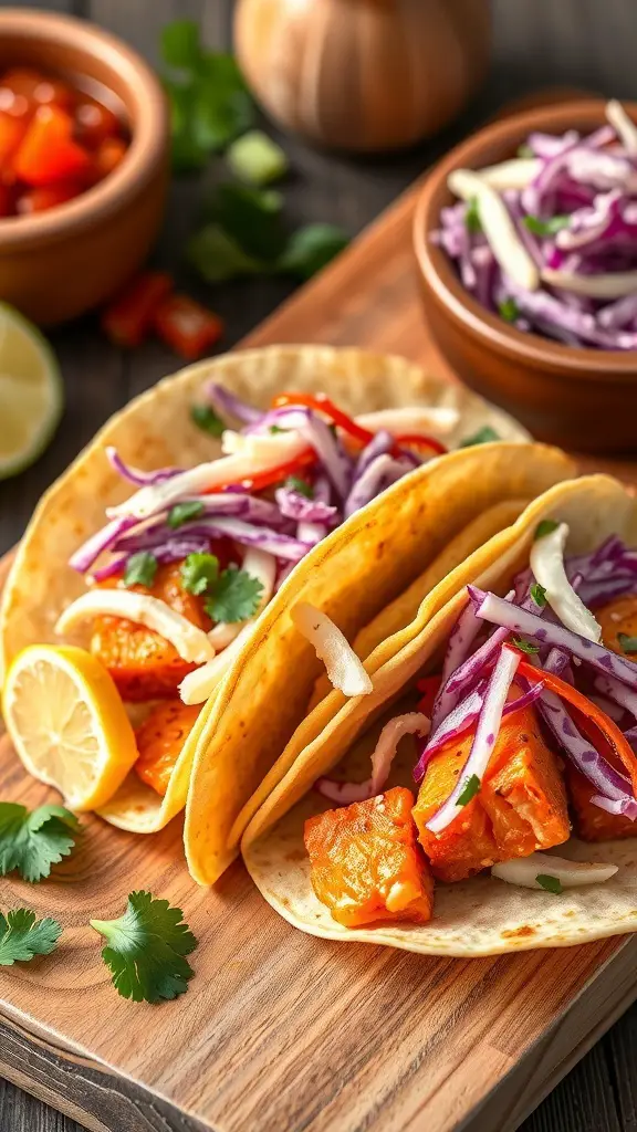 Spicy salmon tacos with cabbage slaw on a wooden board, garnished with lime and cilantro.