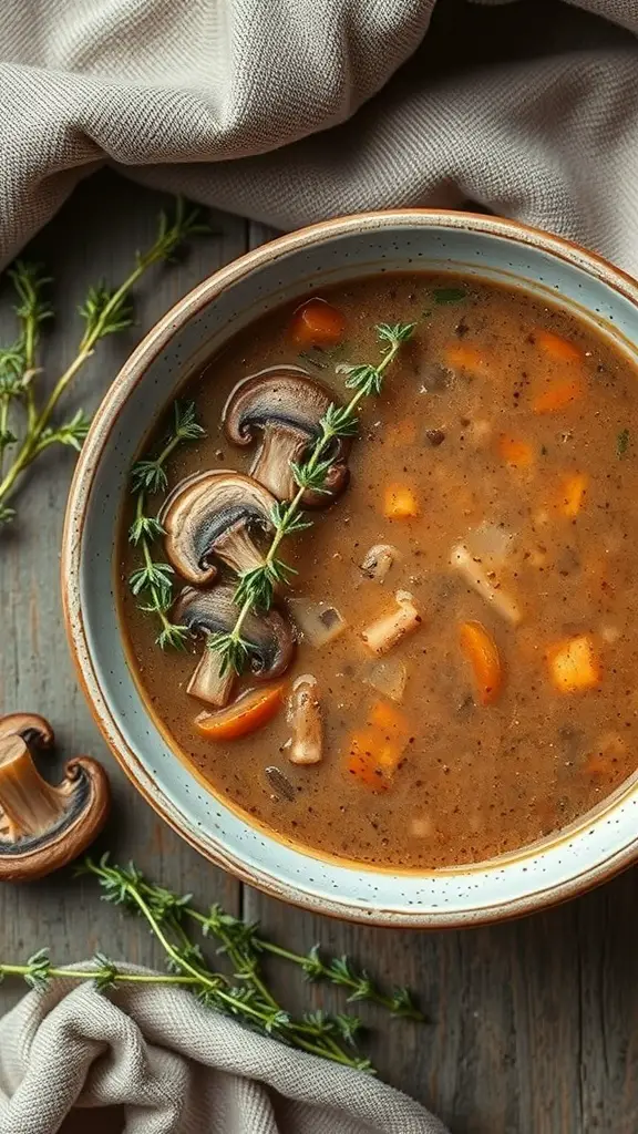 A bowl of mushroom soup garnished with thyme and mushrooms, surrounded by a soft fabric.