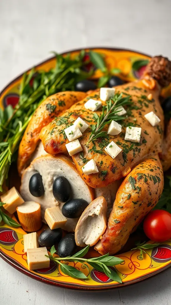 A beautifully seasoned Mediterranean Herb Turkey garnished with olives and cheese on a colorful plate.
