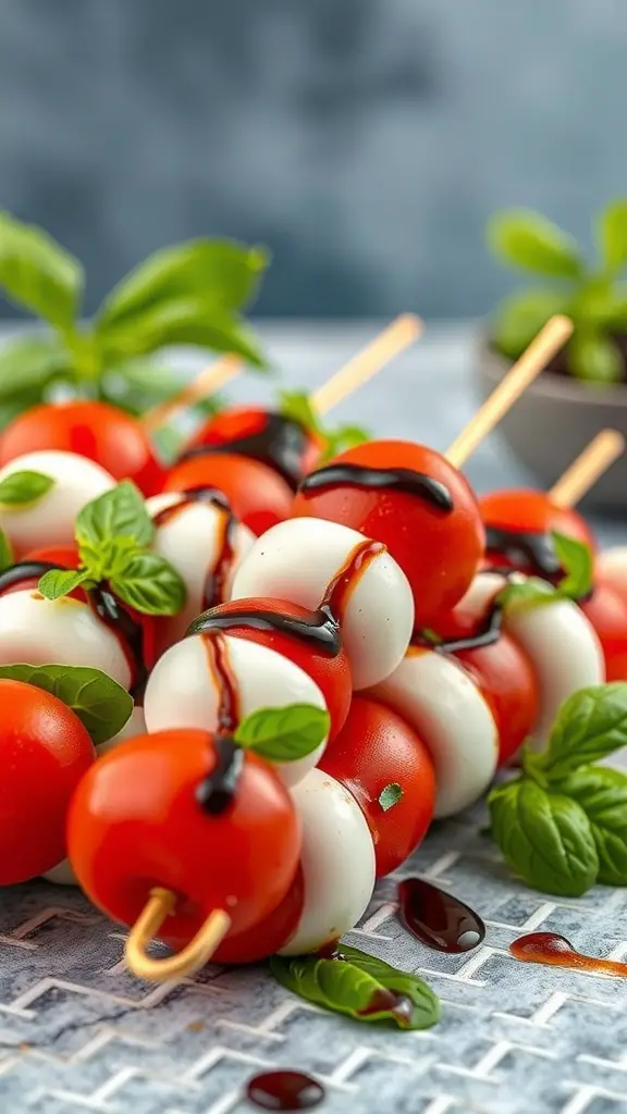 Caprese skewers with cherry tomatoes, mozzarella balls, and basil drizzled with balsamic glaze