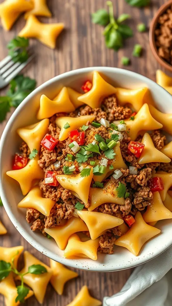 A bowl of Zesty Taco Bow Tie Pasta topped with ground beef, diced tomatoes, and fresh cilantro.