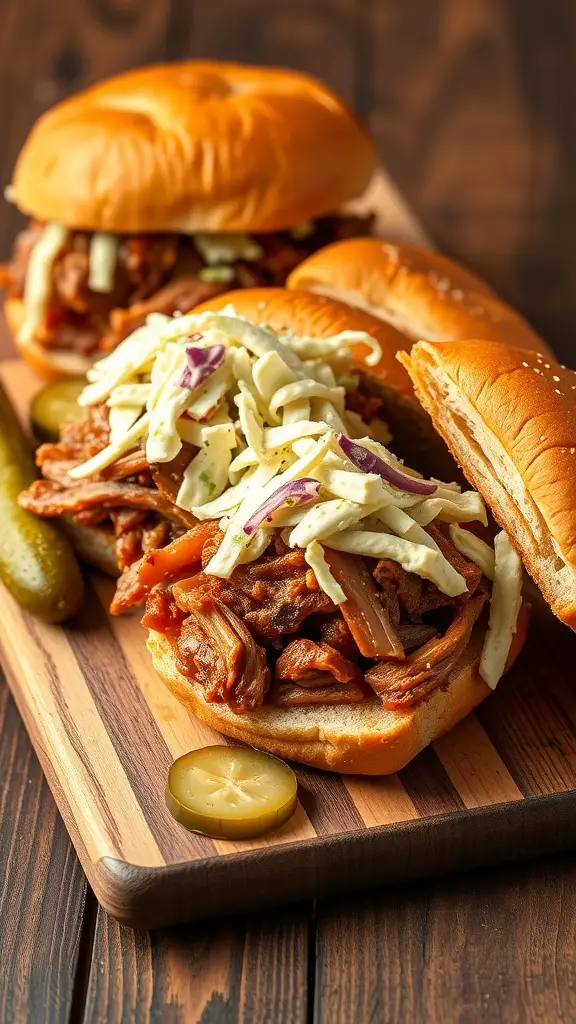 Delicious barbecue pulled pork sandwiches with coleslaw and pickles on a wooden platter.