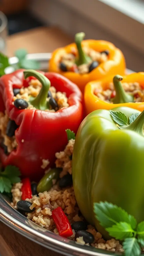Colorful stuffed bell peppers filled with grains and beans
