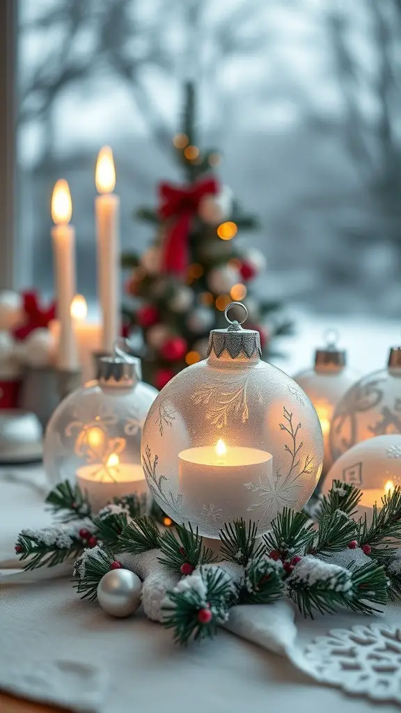 Frosted glass baubles with candlelight and festive decorations