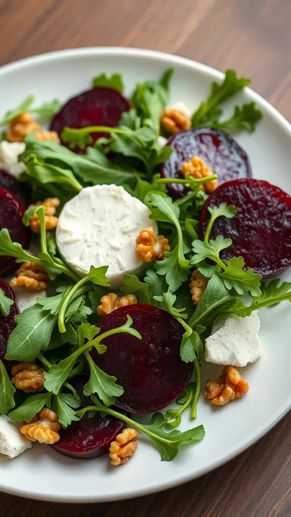 A vibrant Beet and Goat Cheese Salad with arugula and walnuts on a white plate.