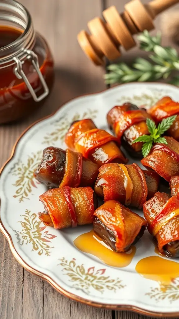 A plate of bacon-wrapped dates drizzled with sauce, garnished with a sprig of mint.