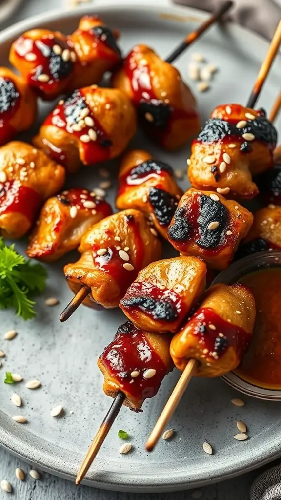 Delicious teriyaki chicken skewers on a plate with sesame seeds and dipping sauce.