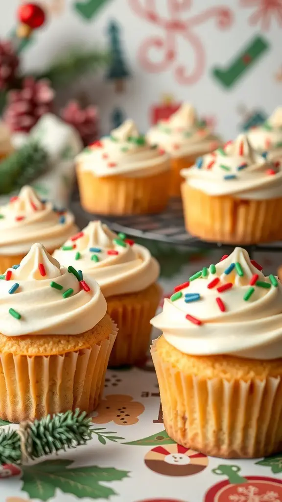 A close-up of sugar cookie frosted cupcakes with colorful sprinkles on top, set against a festive background.