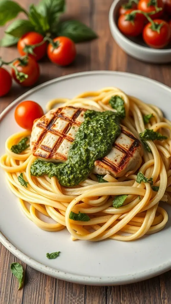 A plate of fettuccine pasta topped with grilled chicken and pesto, garnished with cherry tomatoes and basil.