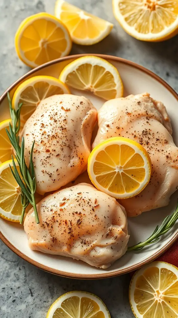 Plate of lemon pepper chicken thighs with lemon slices