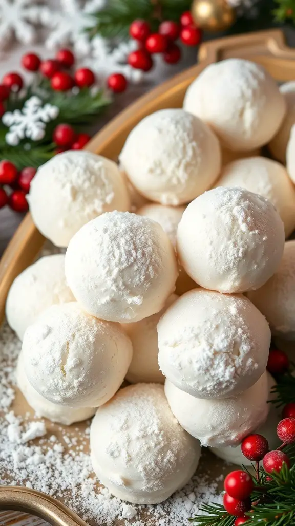 A plate of snowball cookies dusted with powdered sugar, surrounded by festive decorations.