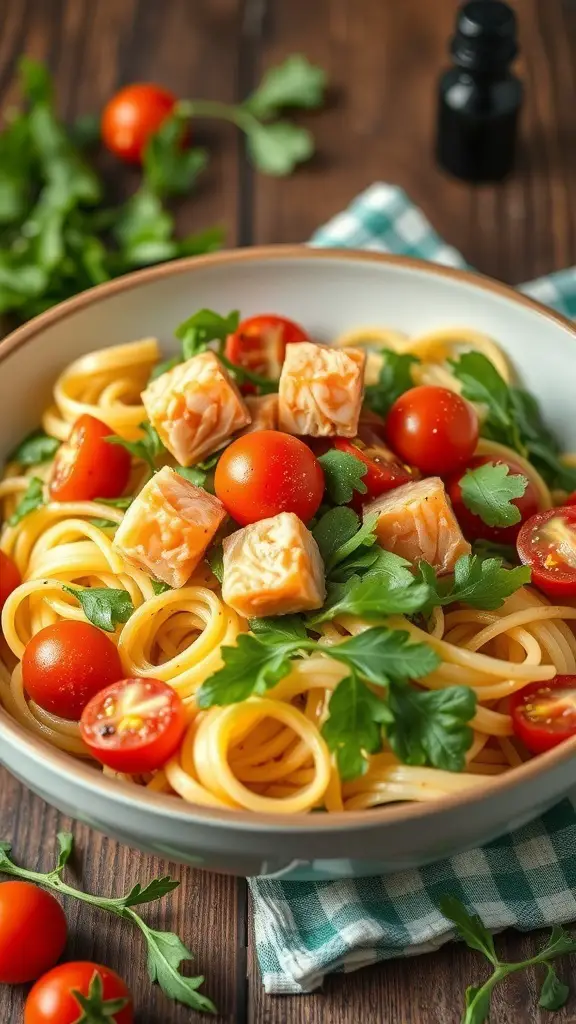 A bowl of smoked salmon pasta salad with cherry tomatoes and greens.