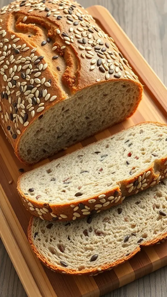 A freshly baked multigrain bread loaf with seeds on top, sliced and placed on a wooden cutting board.