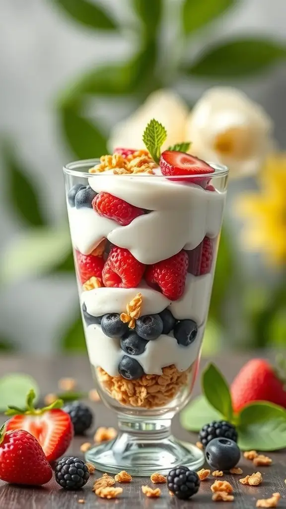 A Greek yogurt parfait layered with strawberries, blueberries, and granola in a glass, garnished with a mint leaf.