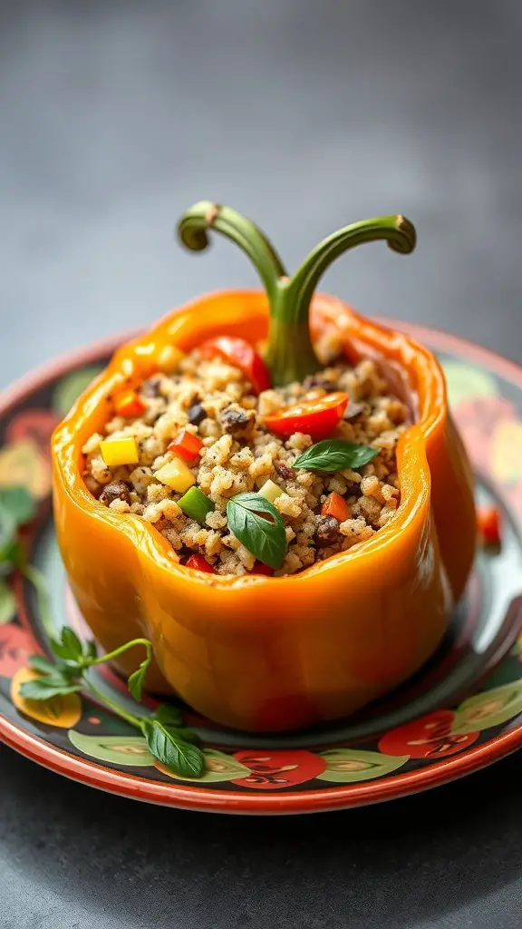 A vibrant orange bell pepper stuffed with a mixture of grains and vegetables, garnished with herbs, on a decorative plate.