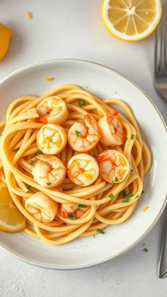 A bowl of fettuccine pasta topped with shrimp and garnished with lemon and herbs.