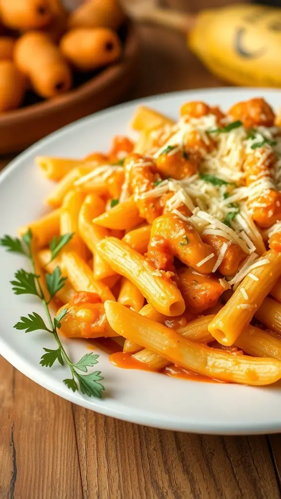 A plate of Buffalo Chicken Cavatappi Bake with pasta, chicken, and cheese