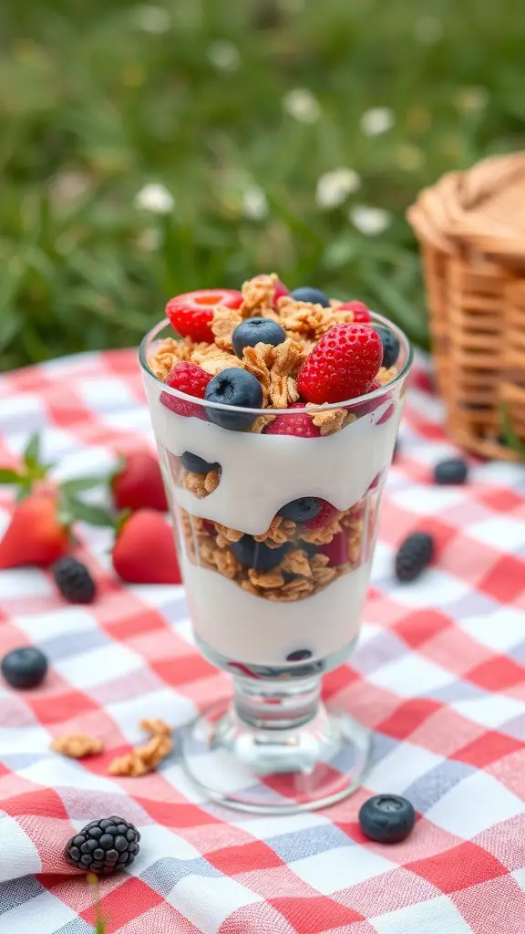 A Greek yogurt parfait with layers of yogurt, berries, and granola in a glass, set on a picnic blanket.