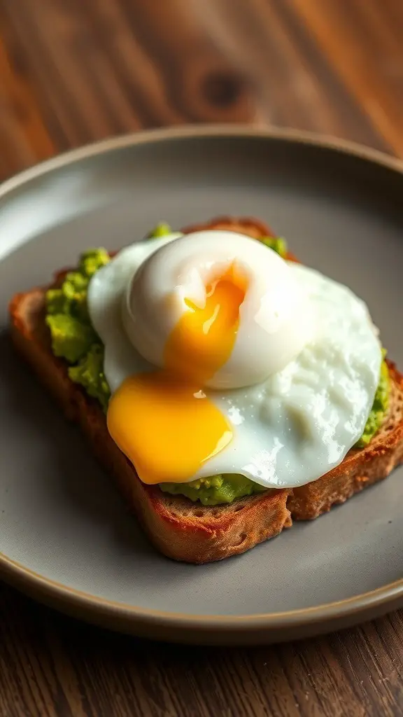 A plate of avocado toast topped with a perfectly poached egg, showcasing a golden yolk and creamy avocado spread on toasted bread.
