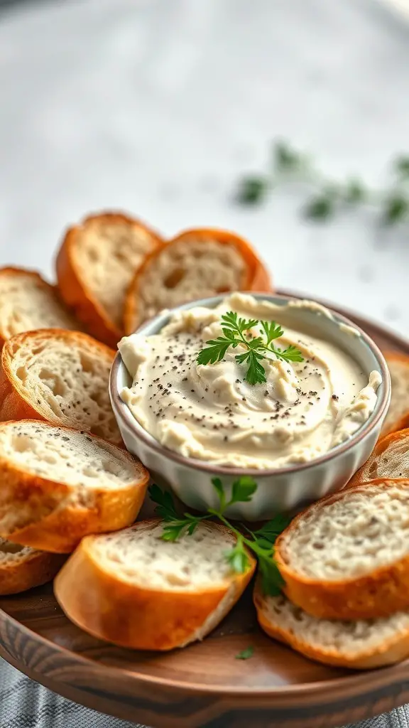 A bowl of baccalà mantecato spread with slices of bread around it